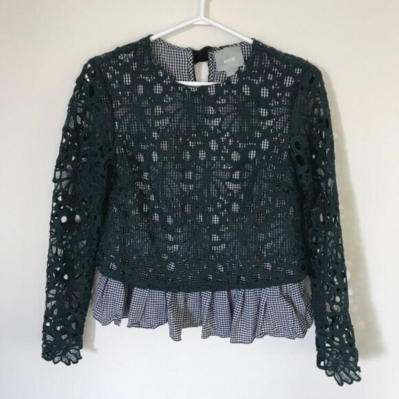 ANTHROPOLOGIE MAEVE Gabriella Gingham Peplum and Green Lace Top Size XS - Picture 2 of 8